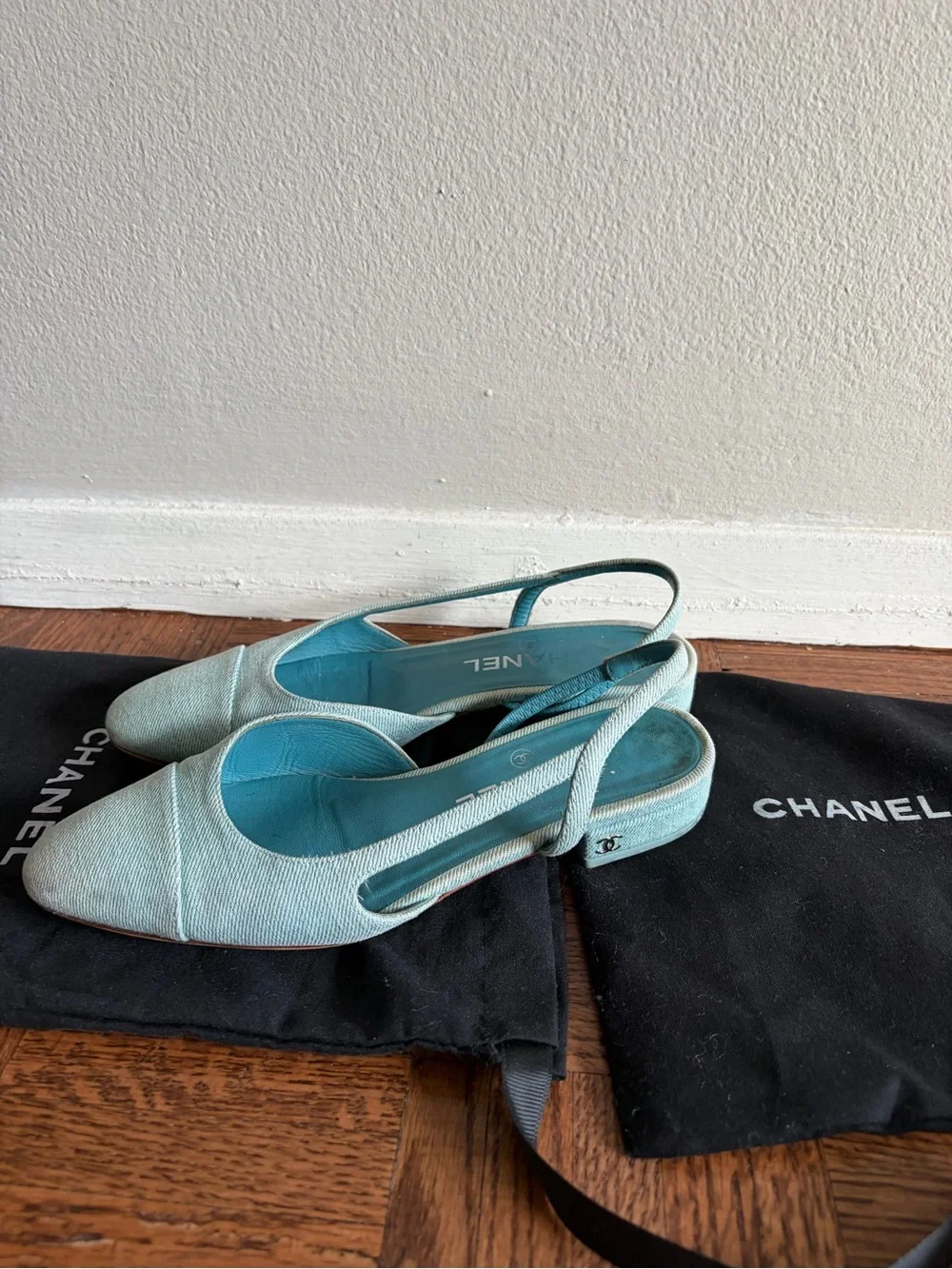 Chanel denim slingback flats mules